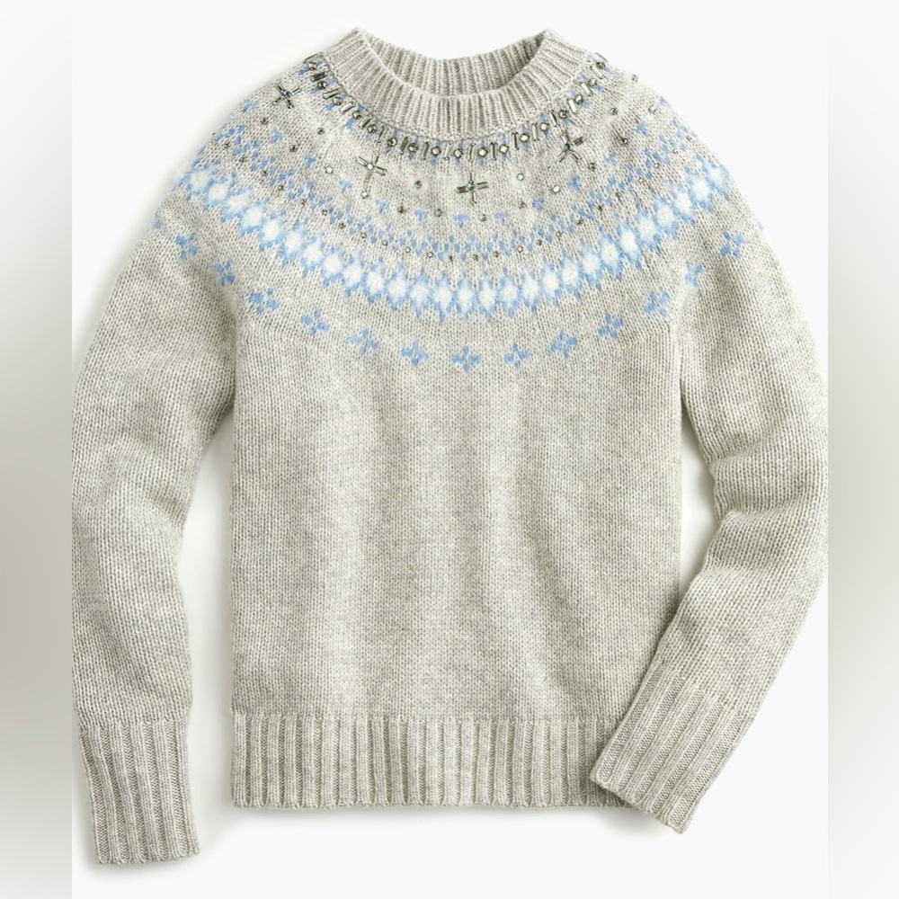 J.Crew Jeweled Embellished Fair Isle Crewneck Sweater Wool Blend Holiday